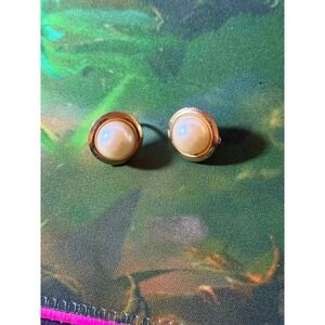 Vintage Gold Tone Faux Pearl Button Clip On Earrings Classic Jewelry